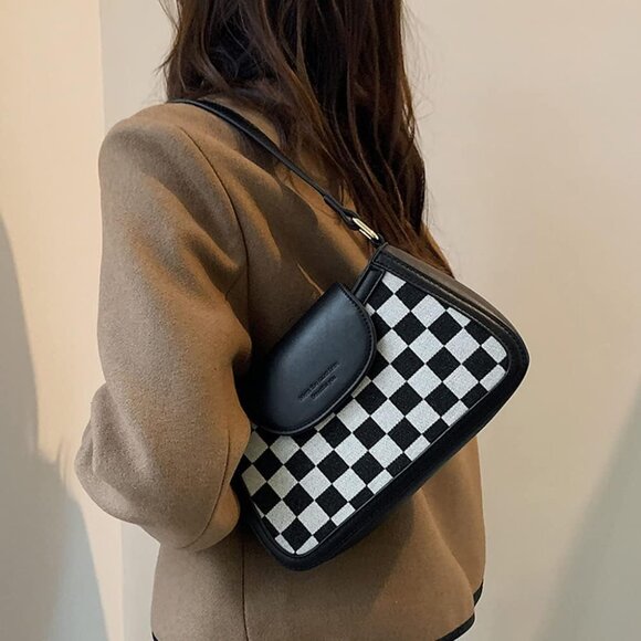 Women PU Leather Crossbody Hobo Bag Plaid Checkered Pattern Small Purse - Picture 7 of 7